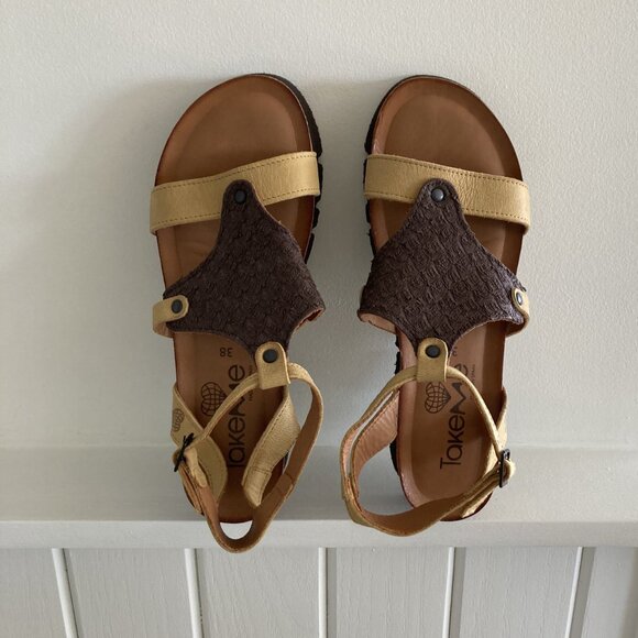 100%Genuine Soft Leather, Low Heel Sandals, mustard/brown/cognac, US 7.5 - Picture 4 of 7